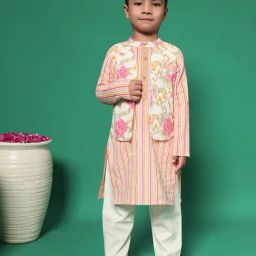 READIPRINT FASHIONS Kids Pink & White Floral Print Full Sleeves Kurta, Pyjamas with Attached Jacket-picture-31