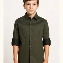 Charchit Boys Dark Green Cotton Embellished Comfort Fit Shirt-image-7