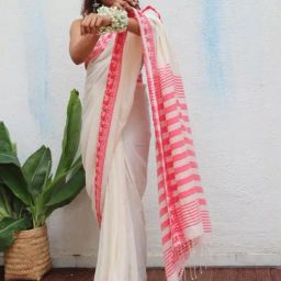 Chidiyaa White Uma Trinetra Handwoven Linen Cotton Jamdani Saree-picture-39