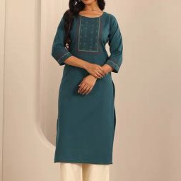 Libas Teal Cotton Regular Fit Embroidered Kurtas-image-35