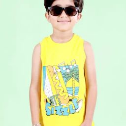 Kiddopanti Boys Yellow Cotton Front Panel Printed Round Neck Sleeveless Tee-image-62