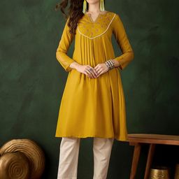 Sangria Floral Embroidered Thread Work Cotton A-Line Kurta-image-75