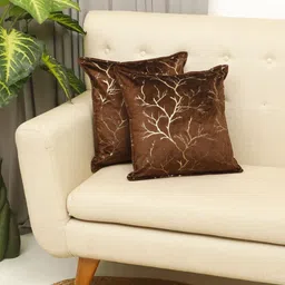 THE CONVERSION Coffee Brown 2 Pieces Floral Foil Printed Velvet Square Cushion Covers-image-94