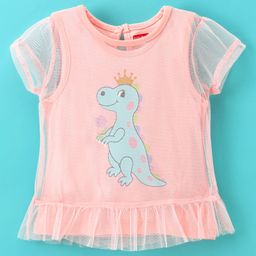 Babyhug 100% Cotton Knit Double Layered Half Sleeves Tee With Separate Outer Mesh Tee Having Dino Graphics & Frill Detailing - Pink-picture-18