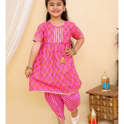 Superminis Three Fourth Sleeves Jaipuri Floral Motif Printed Kurta With Coordinating Gota Lace Embellished Overlapped Dhoti - Pink-image-56