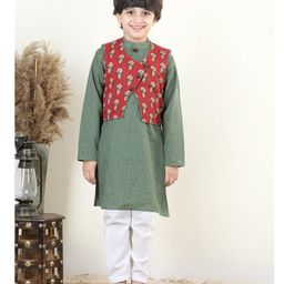 Kinder Kids Full Sleeves Cotton Katha Kurta with Floral Printed Jacket & Pyjama - Green & Red-image-50