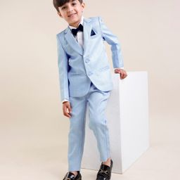 Babyhug Woven Full Sleeves Textured Party Suit with Bow Tie - White & Blue-image-78