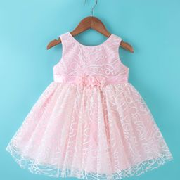 Babyhug Sleeveless Corsage Detailing Glittery Party Frock - Peach-image-59