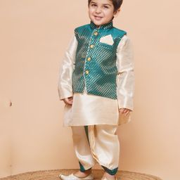 AJ Dezines Raw Silk Full Sleeves Solid Kurta With Ethnic Motif Foil Self Design Jacket & Coordinating Dhoti - Green-image-126