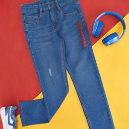 Pantaloons Junior Mild Distressed & Placement Champions Printed Button Down Jeans - Medium Blue-image-5