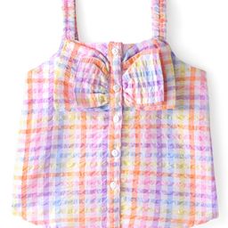 Babyhug Seer Sucker Woven Singlet Sleeves Checked Top Bow Applique - Multicolor-image-41