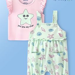 Babyoye Eco Conscious Cotton Knit Dungaree Style Romper with Frill Sleeves T-Shirt with Pocket Detailing Sea Life Theme Print - Pink  & Blue-image-85