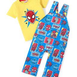 Babyhug Marvel Cotton Knit Dungaree With Half Sleeves T-Shirt & Spiderman Print - Yellow & Blue-image-9