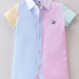 ToffyHouse 100% Cotton Pique Half Sleeves Striped Romper - Pink & Blue-image-44