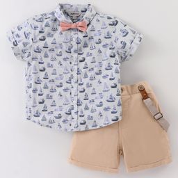 ToffyHouse 100% Cotton Knit Half Sleeves Boat Printed Shirt & Shorts Set with Bow & Suspender - Biege-image-66