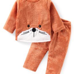 Babyhug Fur Woven Full Sleeves Winter Wear Suit With Bear Design - Orange-image-34