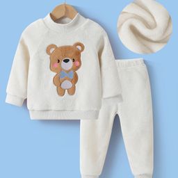 Kookie Kids Full Sleeves Winter Wear Suit With Teddy Applique -Beige-image-52