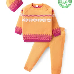 Babyhug Knitted Full Raglan Sleeves Pullover Sweater Set With Floral Design - Orange-picture-7