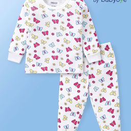 Babyoye Cotton Modal Blend Full Sleeves Thermal Vest & Pant Set Butterfly Print - White-image-81