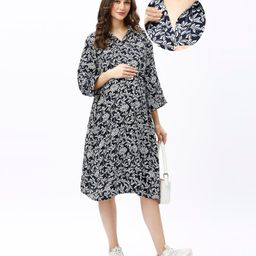 Bella Mama Woven Three Fourth Sleeves Maternity Shirt Dress with Leafy & Floral Print - Navy Blue-image-72