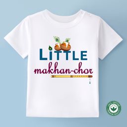 BLUSHES Janmashtami Theme 100% Cotton Little Makhan Chor Text Printed Tee - White-image-3