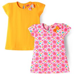 Babyhug Single Jersey Knit Half Sleeves Frocks With Floral Print & Bow Applique Pack of 2 - Yellow & Pink-picture-34