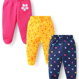 Babyhug Interlock Knit Footed Leggings with Floral & Star Print Pack of 3 - Pink Yellow & Navy Blue-image-18