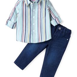 Babyhug Cotton Woven Full Sleeves Striped Shirt & Washed Jeans Set - Sea Green & Blue-image-16