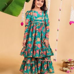 MASTARANG Full Sleeves Floral Printed & Lace Embellished Kurta With Coordinating Sharara Set - Green-image-87