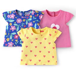Babyhug Cotton Knit Cap Sleeves T-Shirts with Floral & Hearts Print Pack of 3 - Yellow Blue & Pink-image-107