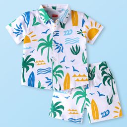 Babyhug Single Jersey Knit Half Sleeves Shirt & Shorts Set with Beach Print - White-picture-3