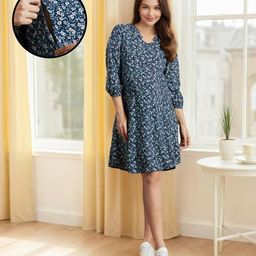 MomToBe Rayon Three Fourth Sleeves Floral Printed Maternity Dress With Concealed Zipper Nursing Access - Navy Blue-image-96