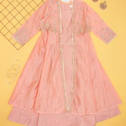Akkriti by Pantaloons Viscose Rayon Floral Embroidered Lehenga Choli With Full Sleeves Lace Embellished Shrug Set - Peach-picture-21