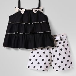 CrayonFlakes Cotton Sleeveless Bow Applique Detailed Layered Top With Polka Dots Printed Belted Shorts Set - Black-image-47