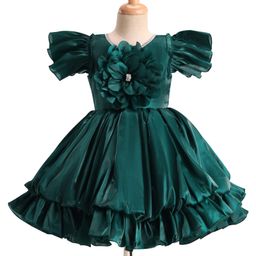 Enfance Half Sleeves Floral Applique Flared Dress - Bottle Green-image-91