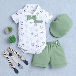 BUMZEE Cotton Knit Half Sleeves Palm Tree Printed Onesie & Short Set with Suspender Bow & Hat - White & Green-image-129