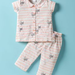 Teddy Cotton Knit Half Sleeves Front Open Co-ords Night Suit With Stripes & Text Print - Orange-image-79