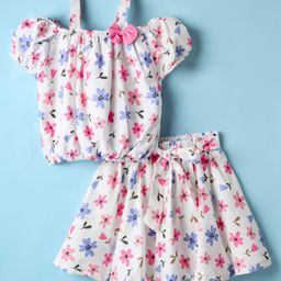 Twetoons Cotton Knit Off Shoulder Top and Skirt Co-Ord with Floral Print - Pink-image-88