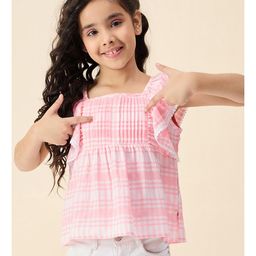 StyloBug Flutter Sleeves Checked Pleated Top - Peach-image-1