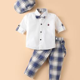 Radutu Full Sleeves Chervon Printed Shirt With Checked Pant Cap Bow & Suspender Set - White & Blue-image-90