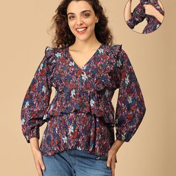 The Mom Store Cotton Knit Three Fourth Puffed Sleeves Floral Printed Maternity Top With Nursing Access - Multi Colour-image-109
