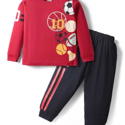 Taeko Single Jersey Knit Full Sleeves T-Shirt & Lounge Pant Set with Sport Theme Print - Red-picture-24