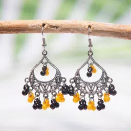 Creative Frogs Oxidized Silver-Plated Black & Yellow Beads Chandbali Earrings-picture-37