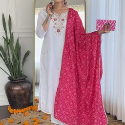 Fashion Care Navlik Floral Embroidered Notch Neck Straight Kurta With Trousers & Dupatta-image-59