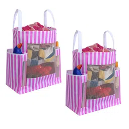 prettykrafts Pink & White 2 Pieces Striped Foldable Laundry Bag With Side Pockets 45L Each-38