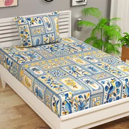 bsb home Blue & Yellow Floral 210 TC Single Bedsheet with 1 Pillow Covers-image-9