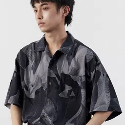 KPOP Men Original Oversized Regular Fit Abstract Printed Spread Collar Casual Shirt-picture-7