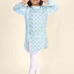 LIL PITAARA Boys Floral Printed Mandarin Collar Straight Pure Cotton Kurta With Pyjamas-image-37