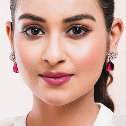 Manikya Rhodium-Plated American Diamond Studded Teardrop Shaped Drop Earrings image 3