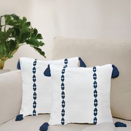 URBAN SPACE Navy Blue & White 2 Pieces Embroidered Pure Cotton Square Cushion Covers-image-75